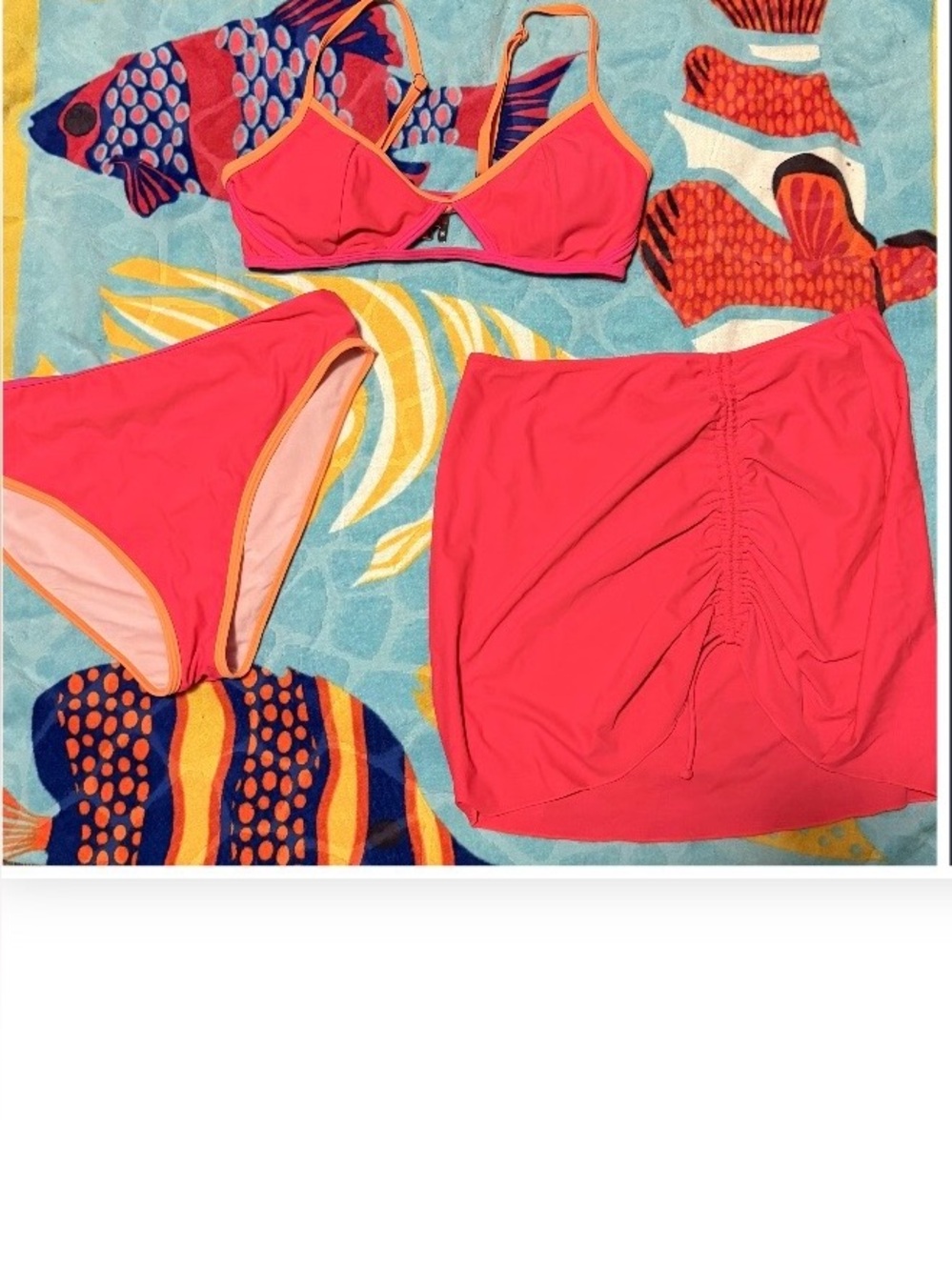 Popvil Bright Coral 3-Piece Bikini Set with Skirt